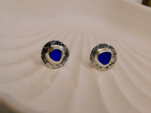 Load image into Gallery viewer, Mid Blue Sea Glass Hammered Sterling Silver Studs