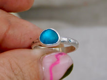 Load image into Gallery viewer, Bright Blue Aztec Stamped Sea Glass Sterling Silver Ring