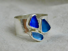 Load image into Gallery viewer, Blue Triple Sea Glass Sterling Silver Cuff Ring