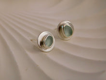 Load image into Gallery viewer, Aqua Sea Glass Brushed Sterling Silver Studs