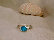 Load image into Gallery viewer, Bright Blue Aztec Stamped Sea Glass Sterling Silver Ring