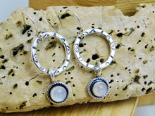 Load image into Gallery viewer, Rainbow Moonstone Aztec Hoop Sterling Silver Dangles