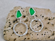 Load image into Gallery viewer, Bright Green Sea Glass Sterling Silver Stud Dangles