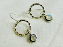 Load image into Gallery viewer, Rainbow Moonstone Aztec Hoop Sterling Silver Dangles
