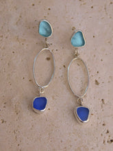 Load image into Gallery viewer, Two Blues Sea Glass Sterling Silver Stud Dangles