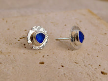 Load image into Gallery viewer, Mid Blue Sea Glass Hammered Sterling Silver Studs