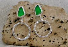 Load image into Gallery viewer, Bright Green Sea Glass Sterling Silver Stud Dangles