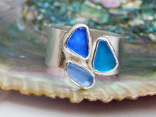 Load image into Gallery viewer, Blue Triple Sea Glass Sterling Silver Cuff Ring