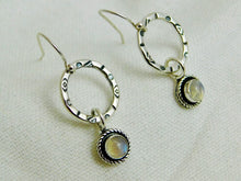 Load image into Gallery viewer, Rainbow Moonstone Aztec Hoop Sterling Silver Dangles