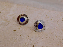 Load image into Gallery viewer, Mid Blue Sea Glass Hammered Sterling Silver Studs