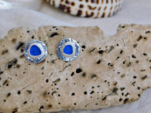 Load image into Gallery viewer, Mid Blue Sea Glass Hammered Sterling Silver Studs
