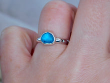 Load image into Gallery viewer, Bright Blue Aztec Stamped Sea Glass Sterling Silver Ring
