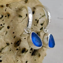 Load image into Gallery viewer, Blue Sea Glass Sterling Silver Hammered Hoop Dangles
