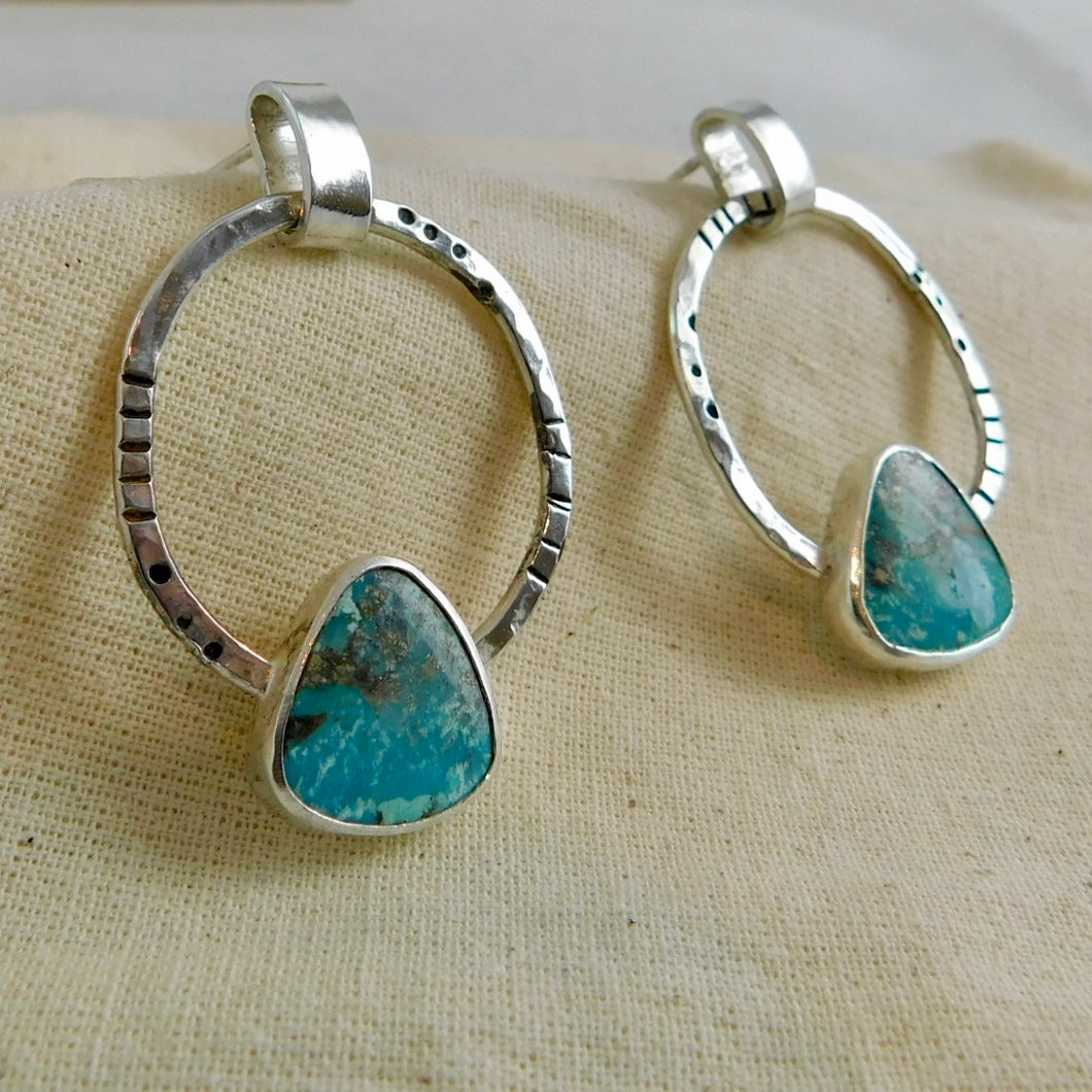 Iranian Turquoise Boho Sterling Silver Hoop Studs