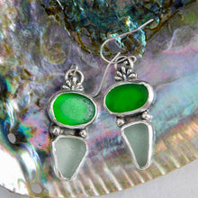 Load image into Gallery viewer, Bright Green and Sea Foam Sea Glass Sterling Silver Dangles
