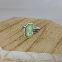 Load image into Gallery viewer, Green Sea Glass Sterling Silver Aztec Stamped Ring
