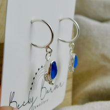 Load image into Gallery viewer, Blue Sea Glass Sterling Silver Hoop Dangles
