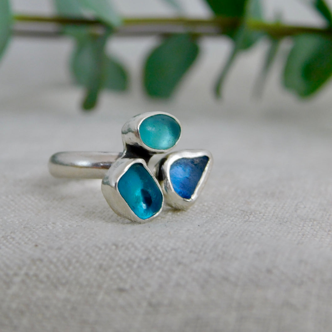 Triple Sea Glass Sterling Silver Cuff Ring