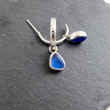 Load image into Gallery viewer, Blue Sea Glass Sterling Silver Hammered Hoop Dangles
