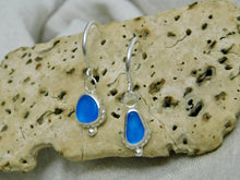 Load image into Gallery viewer, Blue Sea Glass Sterling Silver Hoop Dangles
