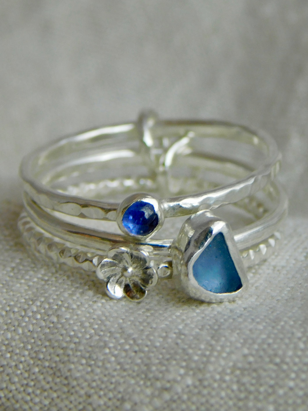 Cornflower Blue Sea Glass Triple Sterling Silver Ring