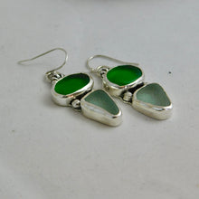 Load image into Gallery viewer, Bright Green and Sea Foam Sea Glass Sterling Silver Dangles
