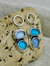 Load image into Gallery viewer, Double blue Sea Glass Sterling Silver Studs Dangles
