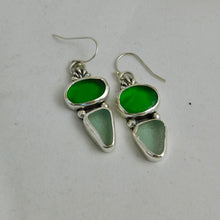 Load image into Gallery viewer, Bright Green and Sea Foam Sea Glass Sterling Silver Dangles
