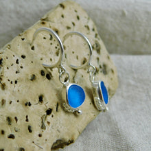 Load image into Gallery viewer, Blue Sea Glass Sterling Silver Hoop Dangles
