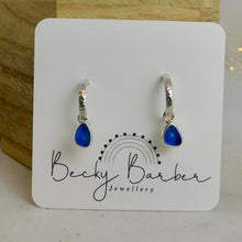 Load image into Gallery viewer, Blue Sea Glass Sterling Silver Hammered Hoop Dangles
