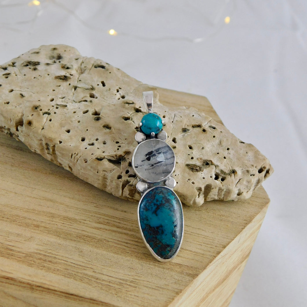 Rutilated Quartz and Turquoise Sterling Silver Pendant