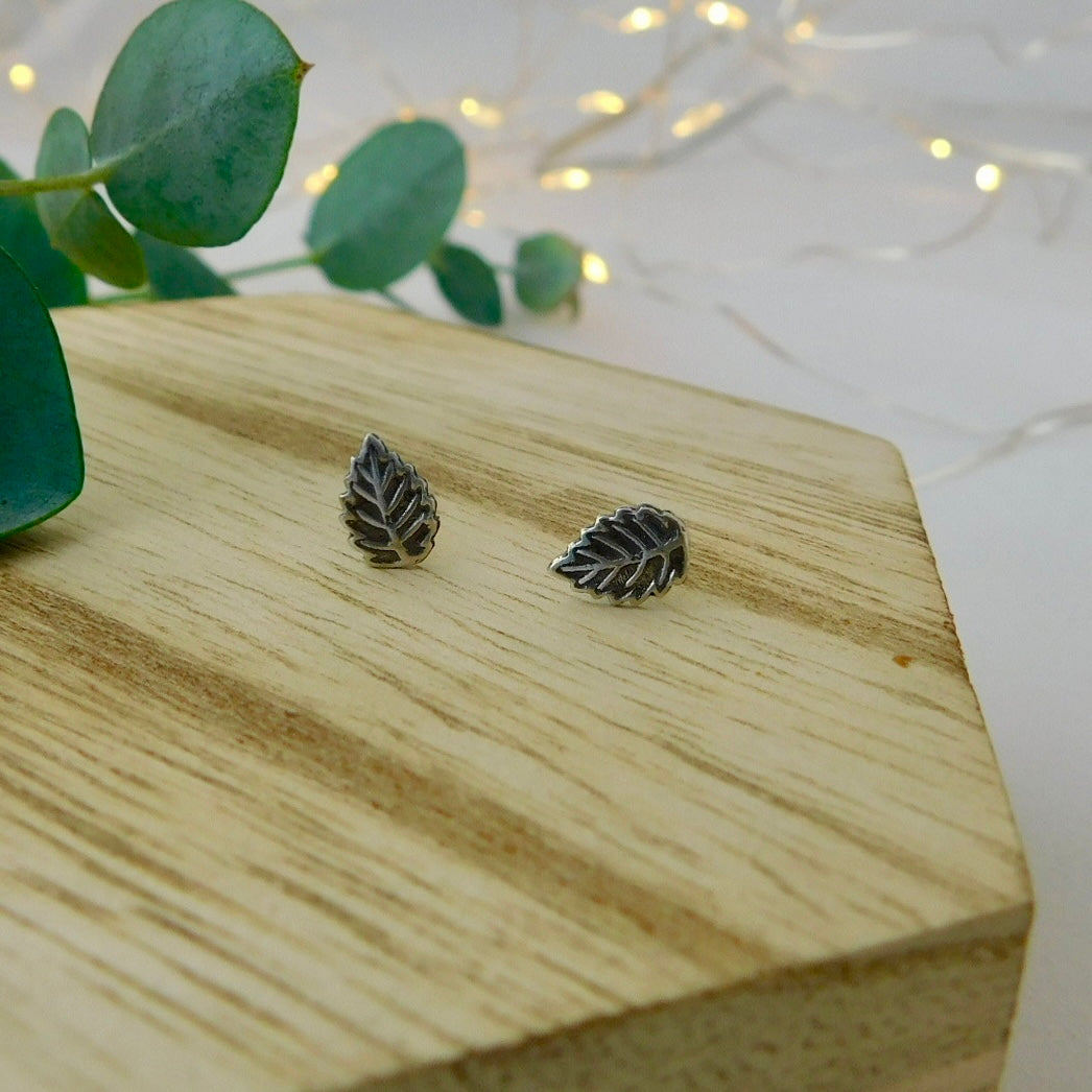 Oxidised Leaf Sterling Silver Studs