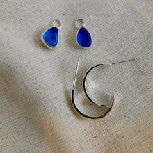 Load image into Gallery viewer, Blue Sea Glass Sterling Silver Hammered Hoop Dangles
