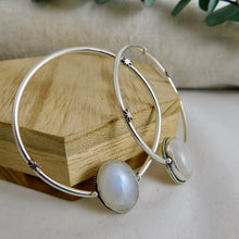 Load image into Gallery viewer, Rainbow Moonstone North Star Sterling Silver Hoop Dangles
