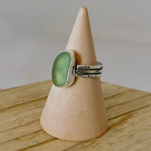 Load image into Gallery viewer, Green Sea Glass Sterling Silver Aztec Stamped Ring
