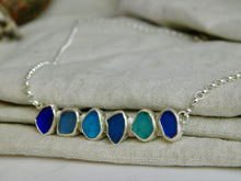 Load image into Gallery viewer, Blue Tones Sea Glass Sterling Silver Bar Necklace
