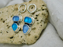Load image into Gallery viewer, Double blue Sea Glass Sterling Silver Studs Dangles
