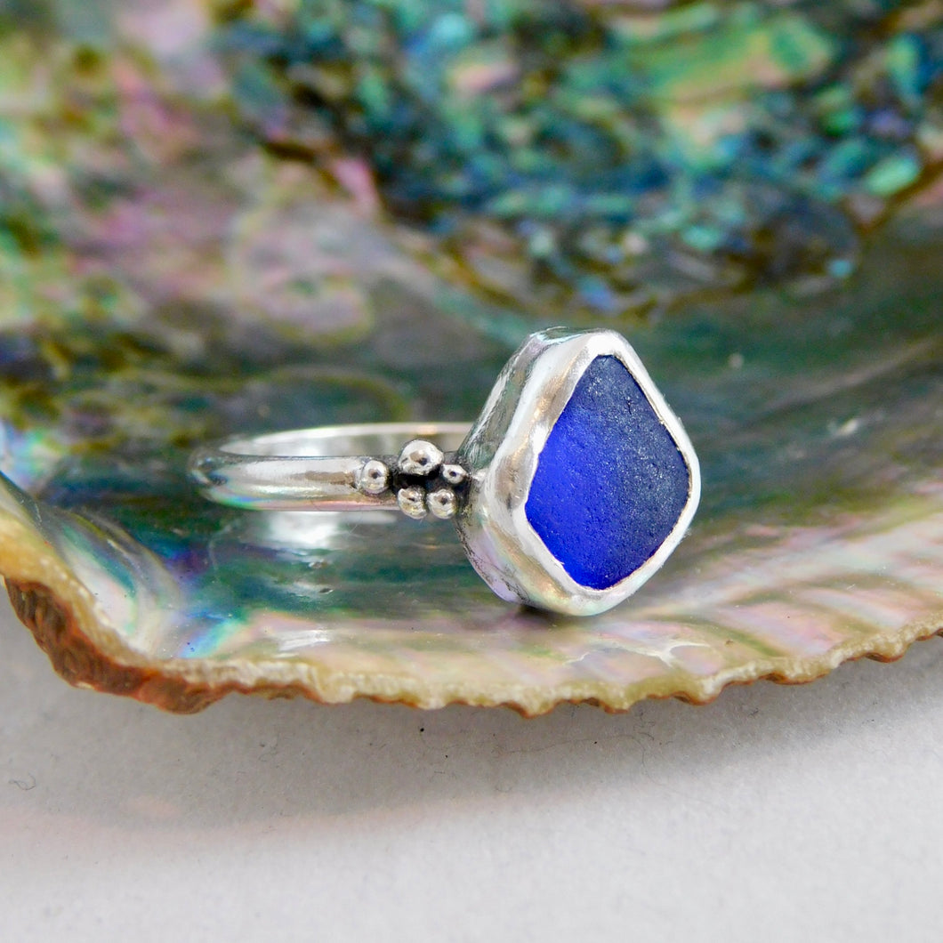 Cobalt Sea Glass Sterling Silver Ring