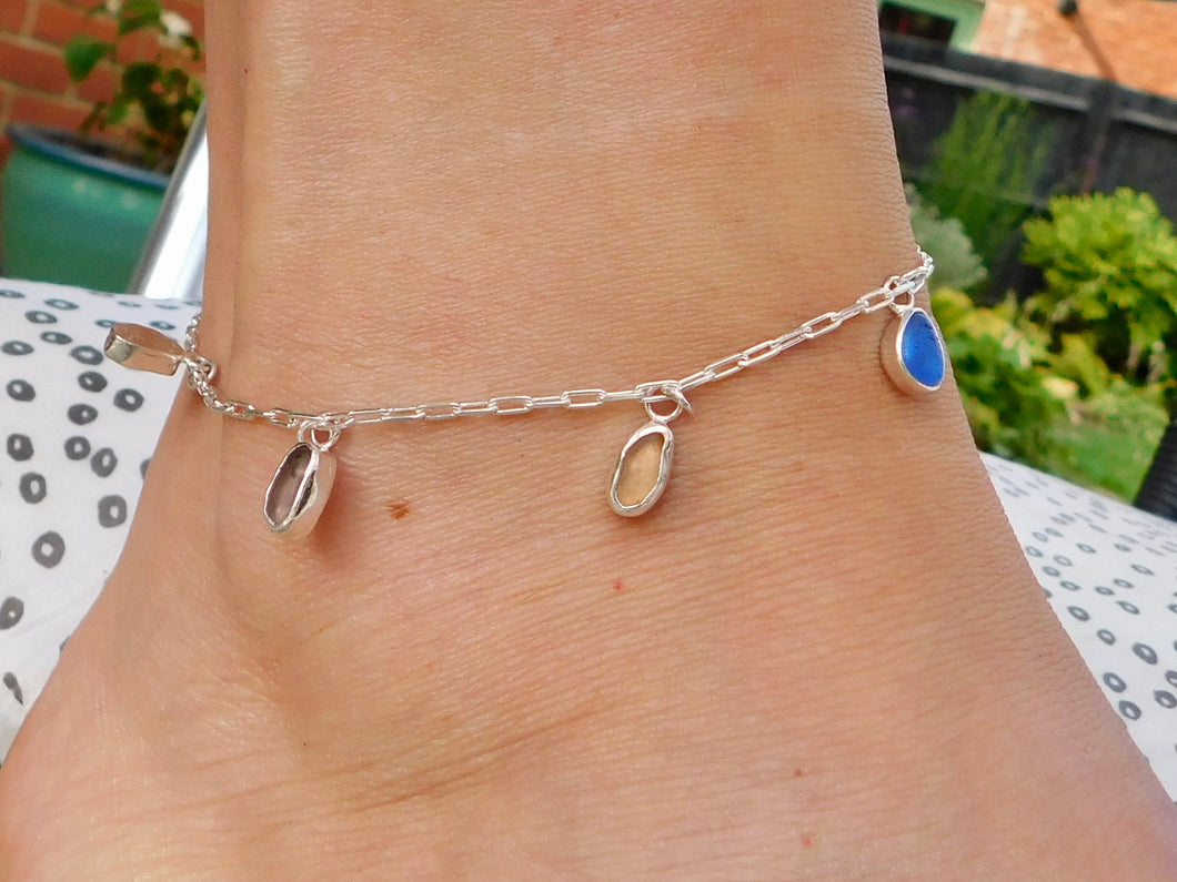 Rainbow Sea Glass Sterling Silver Anklet