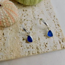 Load image into Gallery viewer, Blue Sea Glass Sterling Silver Hammered Hoop Dangles
