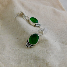 Load image into Gallery viewer, Bright Green Glass Sea Studs Sterling Silver Dangles
