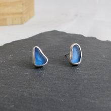 Load image into Gallery viewer, Mid Blue Sea Glass Sterling Silver Studs
