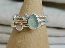 Load image into Gallery viewer, Aqua Sea Glass and Rainbow Moonstone Triple Sterling Silver Ring
