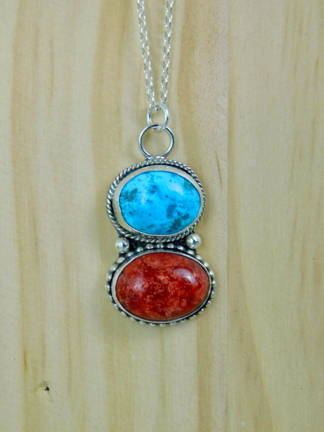 Chunky Sponge Coral and Turquoise Sterling Silver Pendant