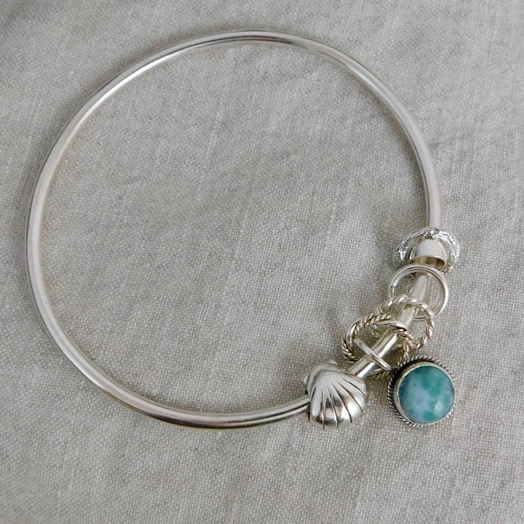 Chunky Larimar Charm Sterling Silver Bangle