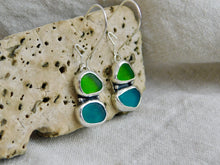 Load image into Gallery viewer, Double Green Sea Glass Sterling Silver Studs Dangles
