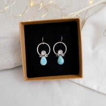 Load image into Gallery viewer, Rainbow Moonstone and Larimar Sterling Silver Hoop Dangles
