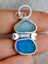 Load image into Gallery viewer, Blue Sea Glass Cresent Moon Sterling Silver Pendant
