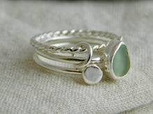 Load image into Gallery viewer, Aqua Sea Glass and Rainbow Moonstone Triple Sterling Silver Ring
