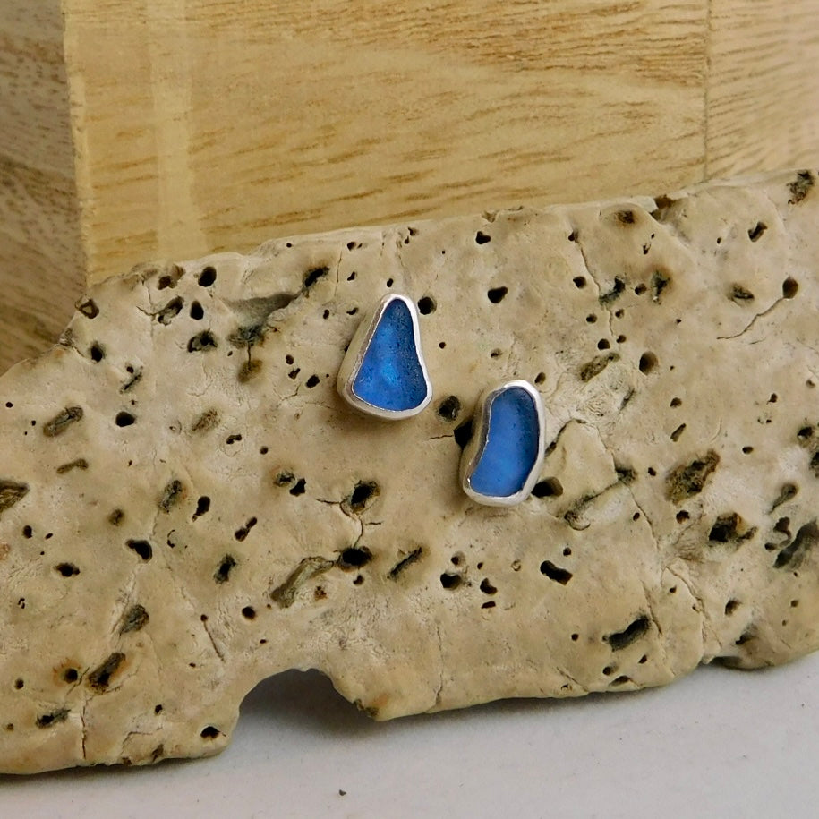 Mid Blue Sea Glass Sterling Silver Studs